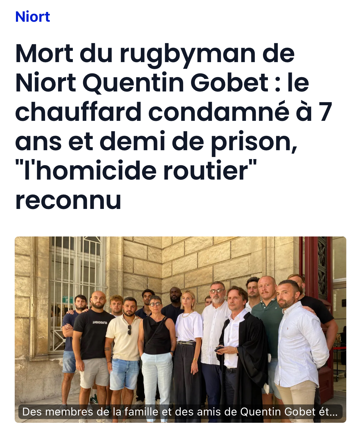 Accident mortel à Niort : 7 ans et demi de prison pour homicide routier après la mort du rugbyman Quentin Gobet